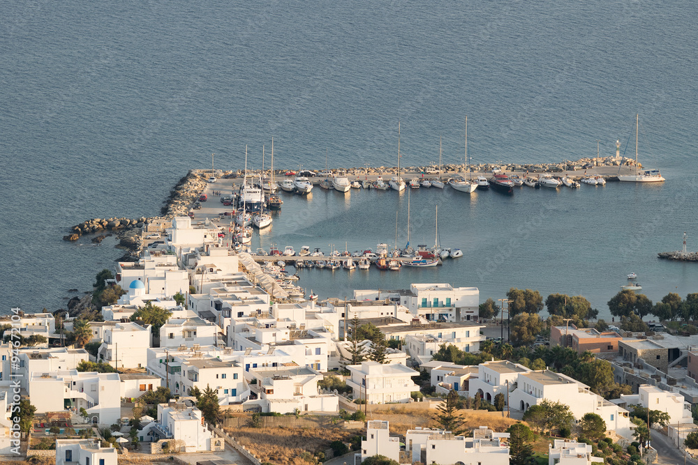 Port in island Paros in Greece. View from the top of a high mountain.
