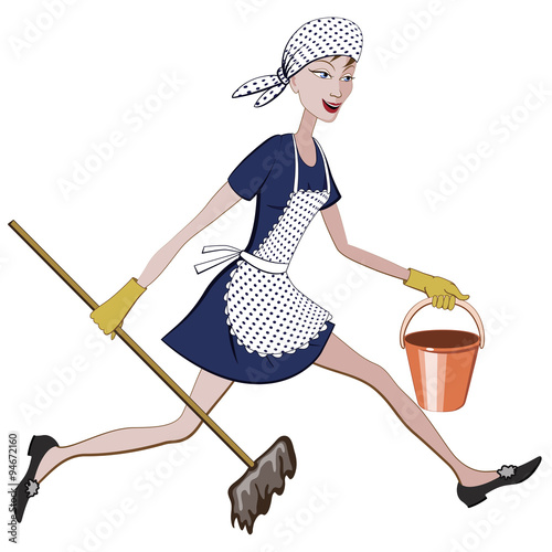 Cartoon charwoman running with a bucket and mop in hand 