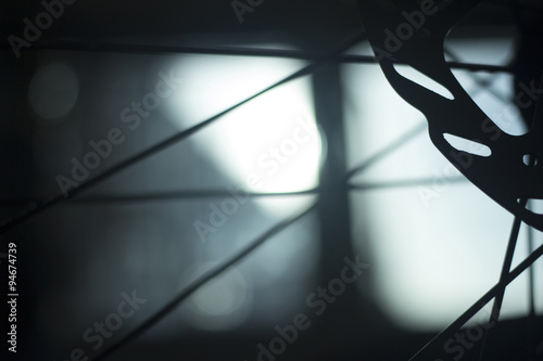 Close-up mountain bike bicycle wheel gear disc brake spokes