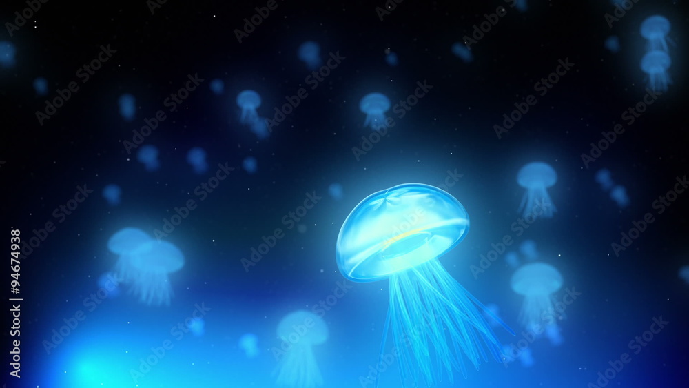 A large numbers of blue glowing fluorescent jellyfish loop
