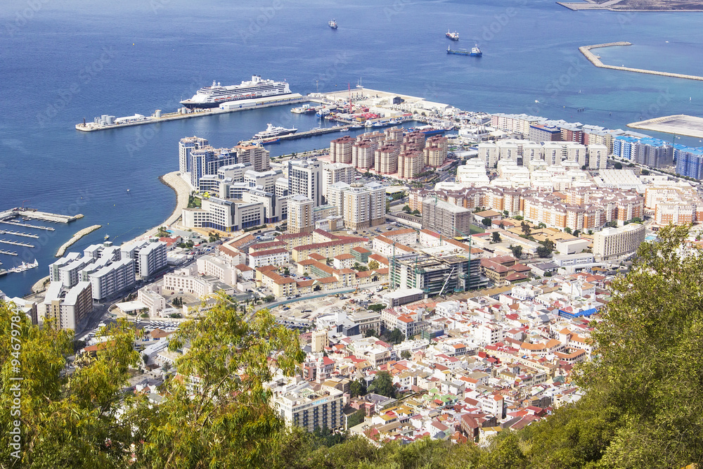 view of the city below, the ocean and the beach from the height of the Rock of Gibraltar, Gibraltar