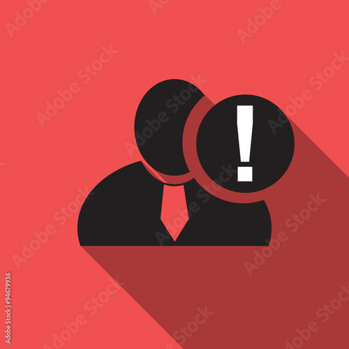 Exclamation black man silhouette icon on the vintage red background, long shadow flat design icon for forums or web