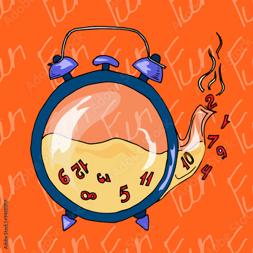 Illustration clock in the shape of a teapot. Tea with numbers. Postcard which reminds about the holidays. Seamless pattern.