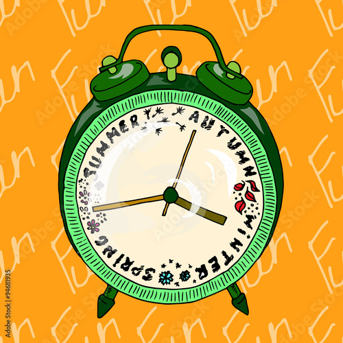 Illustration alarm clock that shows the seasons. Postcard which  reminds about the holidays. Seamless pattern.