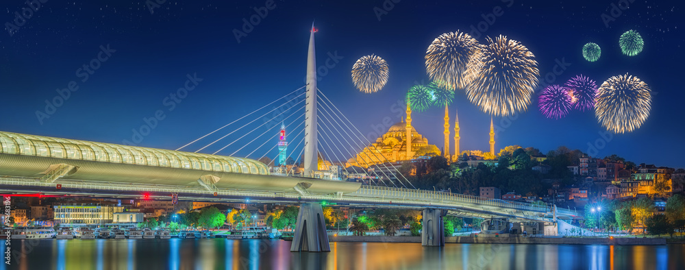 Obraz premium Ataturk bridge, metro bridge and beautiful fireworks, Istanbul