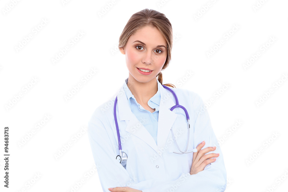 Friendly smiling young female doctor, isolated over white background