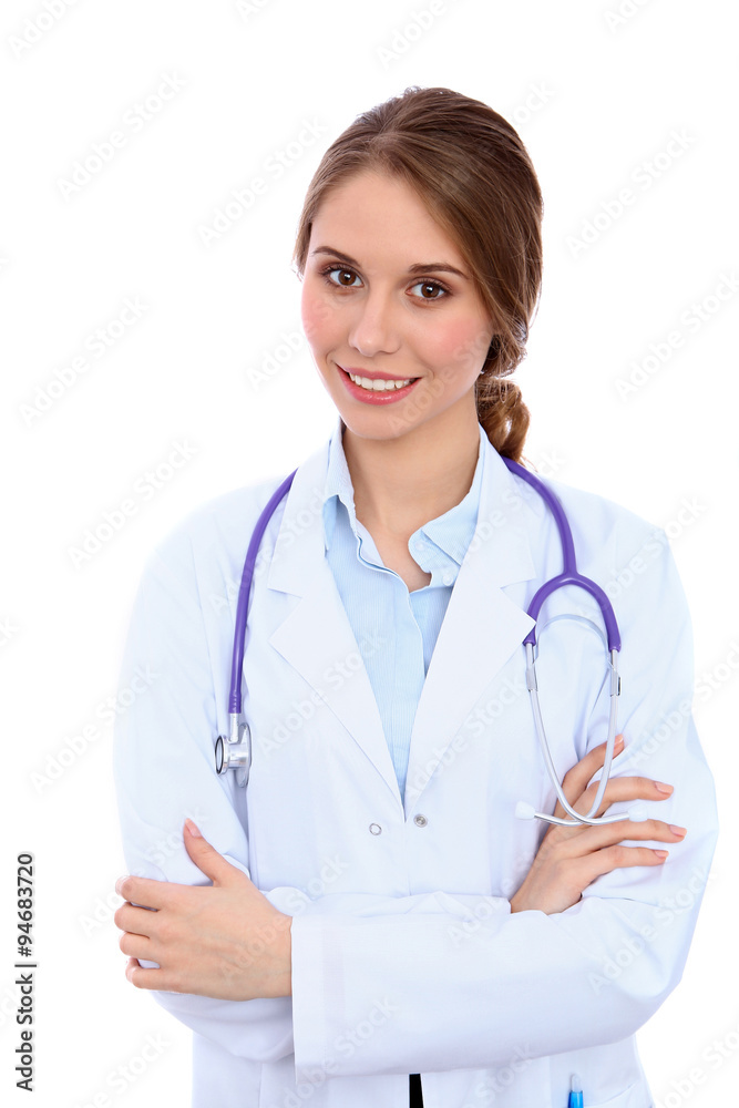 Friendly smiling young female doctor, isolated over white background Friendly smiling young female doctor, isolated over white background
