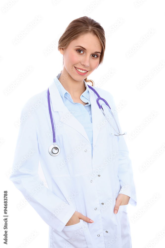 Friendly smiling young female doctor, isolated over white background Friendly smiling young female doctor, isolated over white background
