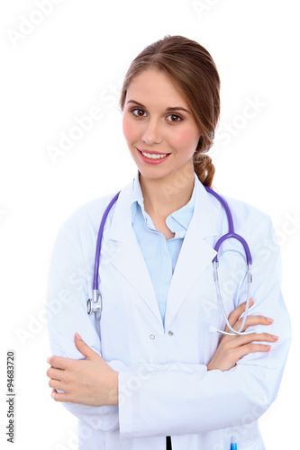 Friendly smiling young female doctor  isolated over white background