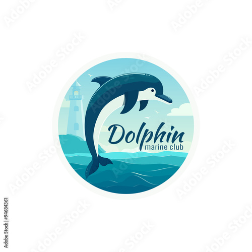 One jumping dolphin, blue sea background with waves . Vector Illustration, banner, icon.