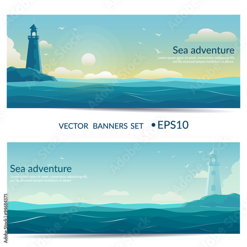 Vector banners. Blue sea background with waves and lighthouse. 