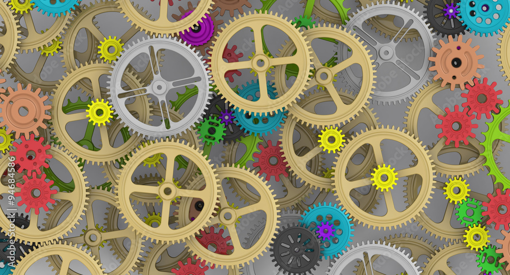 Background image with gears and cogwheels of different sizes. Illustration. Technologies and mechanism