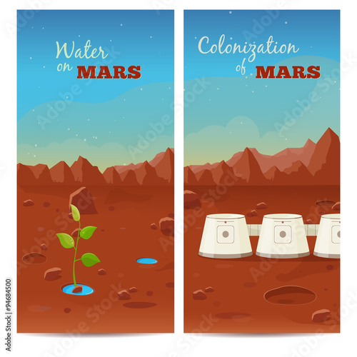 The program of colonization of Mars. Water on Mars. Vector banners