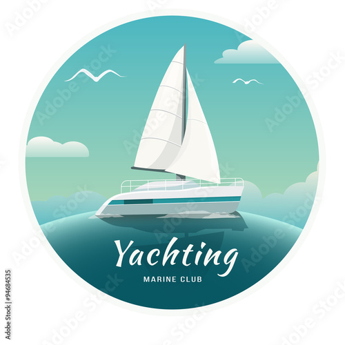 Blue sea with yachts and lighthouse. Sea cruise on a yacht. Yachting. Yacht Club. Vector Illustration