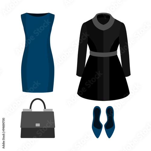 Set of  trendy women's clothes with coat, dress and accessories. Women's wardrobe. Vector illustration