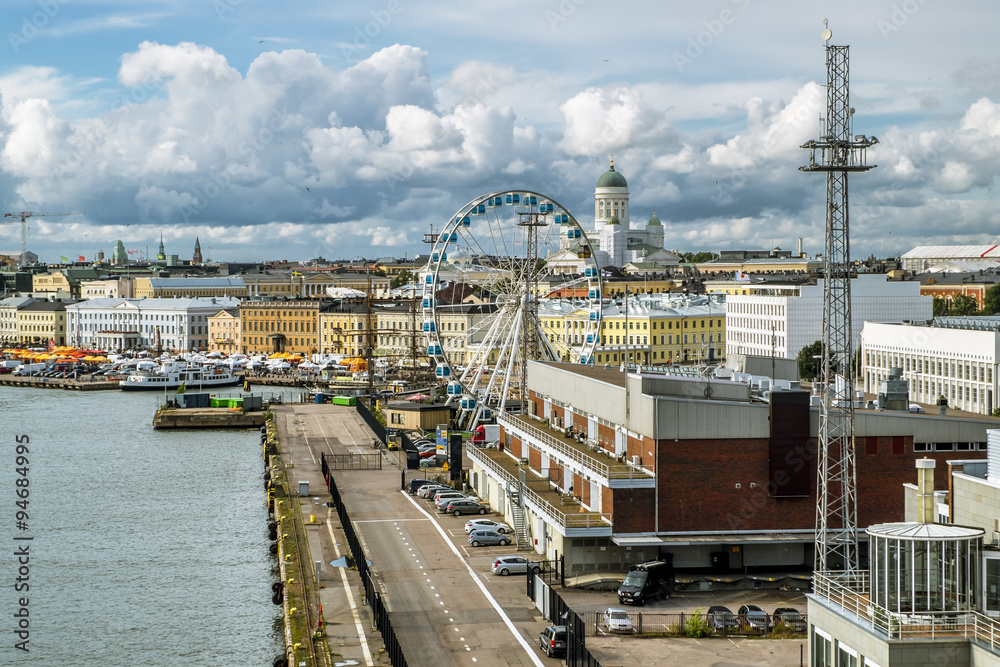 Shopping area and the Pier in the port of Helsinki. Finland.