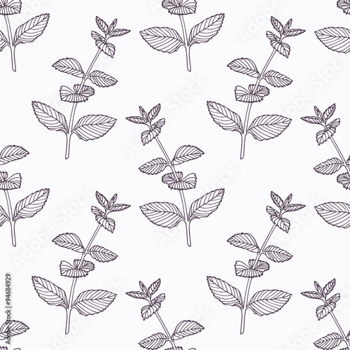Hand drawn mint branch outline seamless pattern