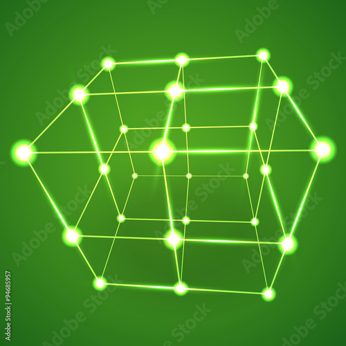 Wireframe Mesh Cube. Connected dots and lines.