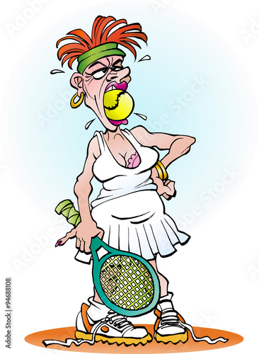 Vector cartoon illustration of an angry tennis girl
