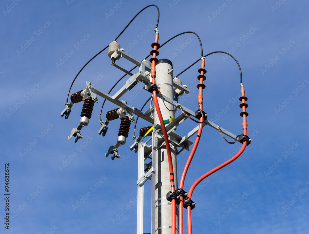 Electric pole under construction with blue sky in background. Ho Electric pole under construction with blue sky in background. Ho
