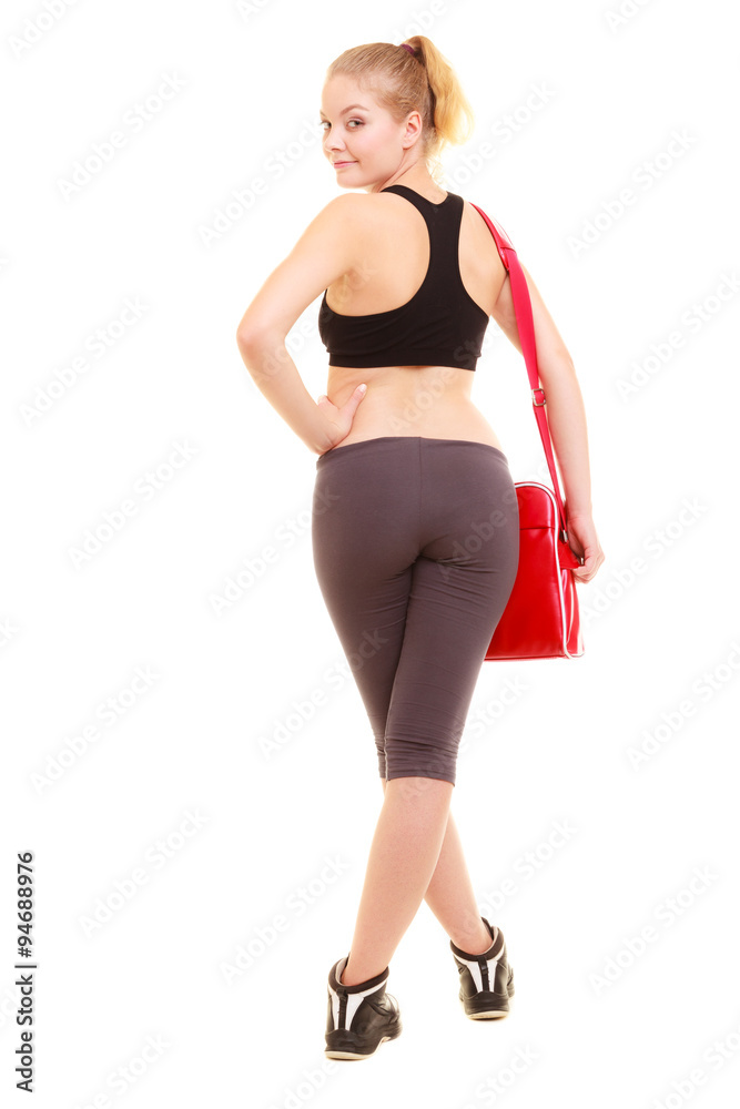Sport. Back of fitness sporty girl in sportswear with gym bag Sport. Back of fitness sporty girl in sportswear with gym bag