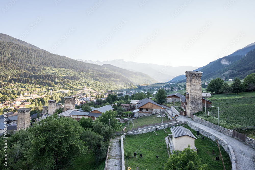 svanetian towers in Mestia town in Upper Svanetia region, Georgia