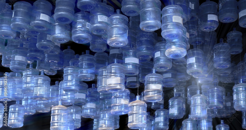Plastic containers/Many blue plastic containers hang on the roof, digital retouch. Plastic containers/Many blue plastic containers hang on the roof, digital retouch.