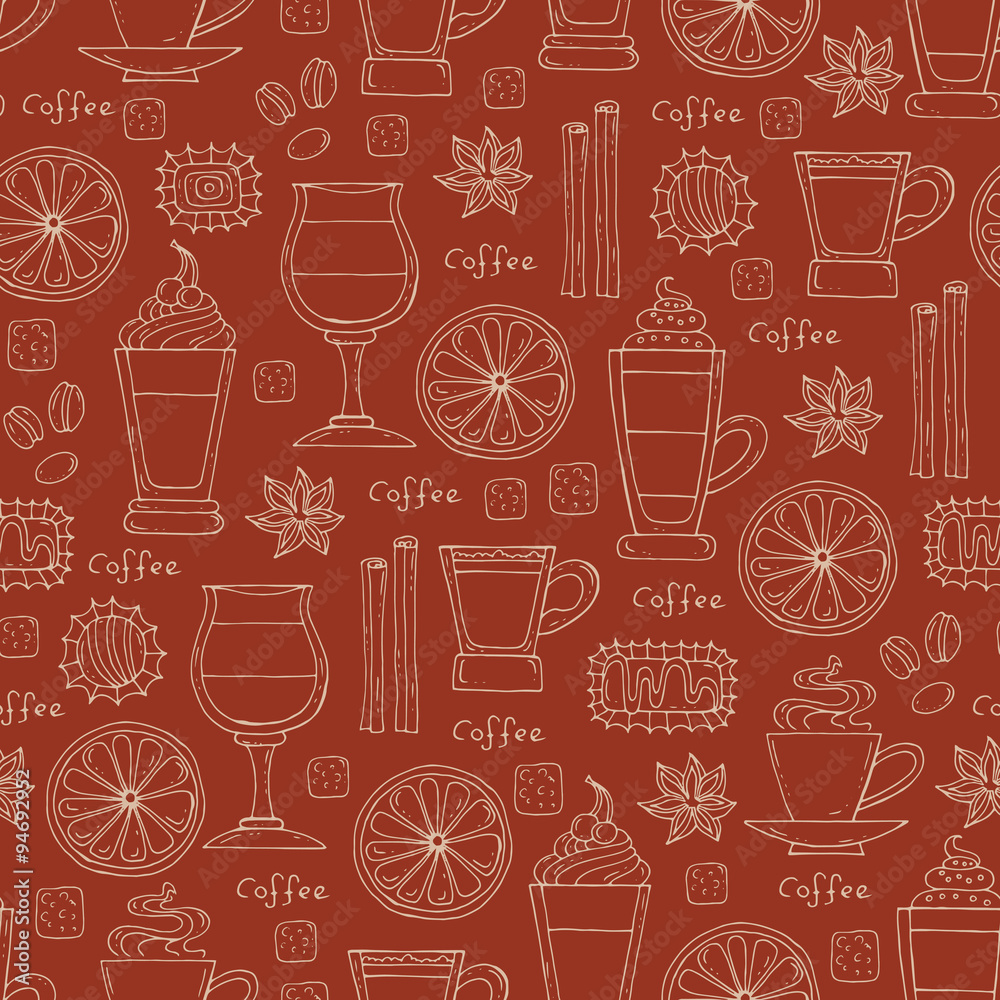 Pattern with hand drawn coffee on brown color Pattern with hand drawn coffee on brown color
