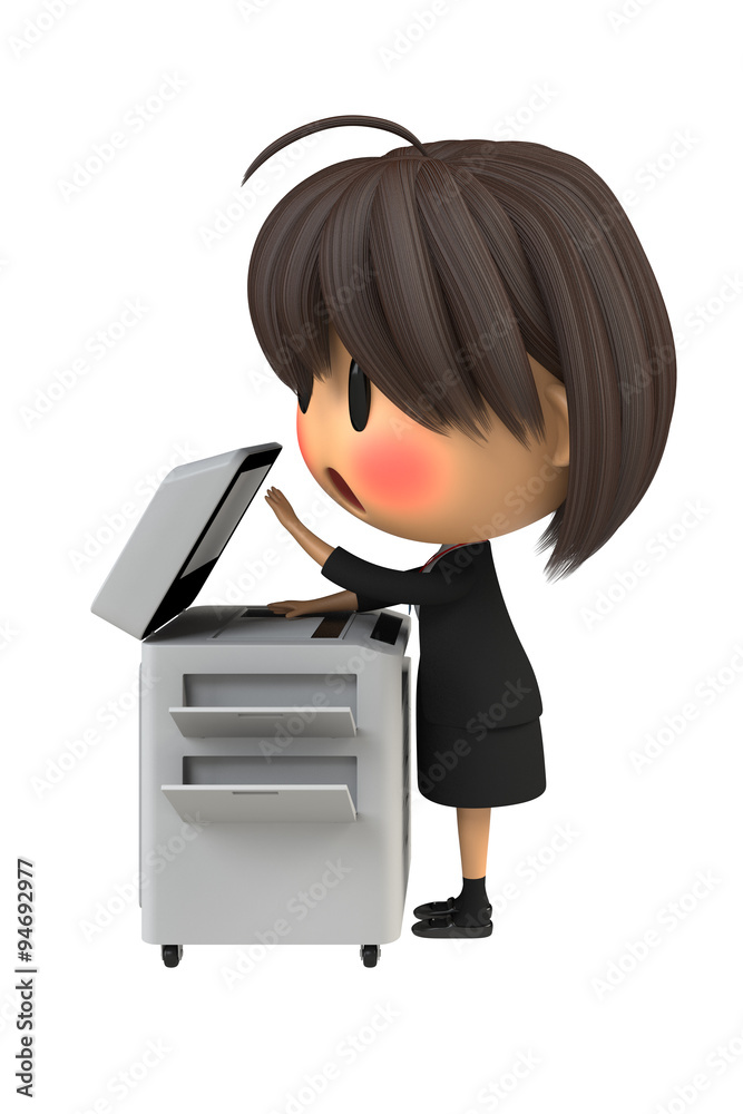 コピー機を使う赤面した女性スタッフ