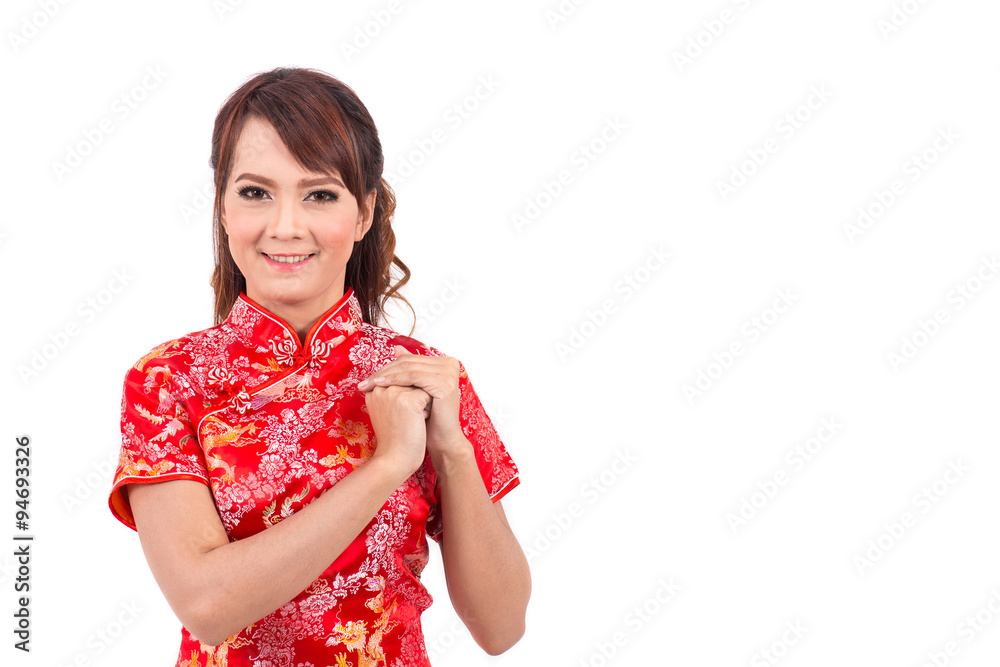 Asian Chinese girl greeting in Traditional Chinese , chinese new year Asian Chinese girl greeting in Traditional Chinese , chinese new year