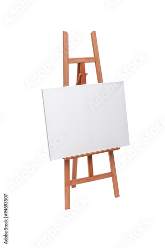 White painter canvas on wooden easel isolated on white with clip