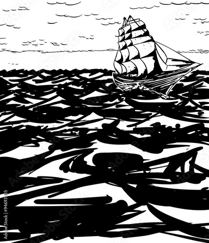 Clipper Ship on Water Outline