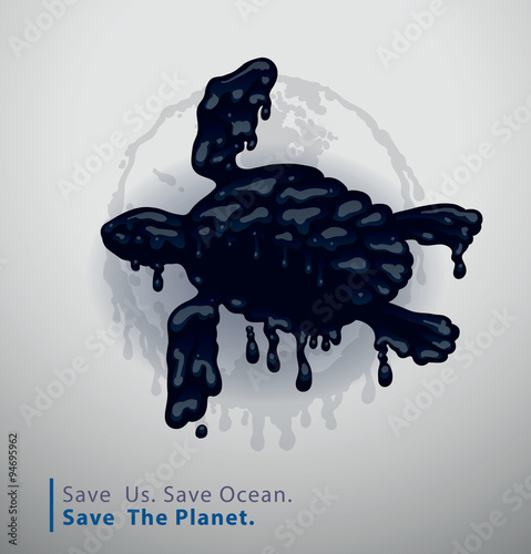 Vector abstract image of turtle completely mired in black oil on a background of gray globe with the continents of oil on a light gray background. In the theme of saving the planet and the ocean. 