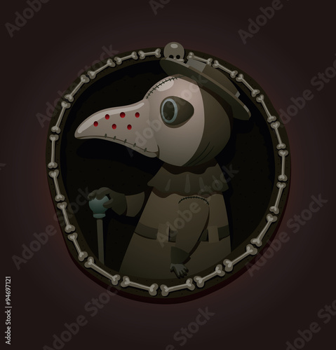 Vector cartoon image of a round label with plague doctor in a cloak, a hat and a plague mask with a cane in his hand on a dark gray background. Painted in gray and brown tones.