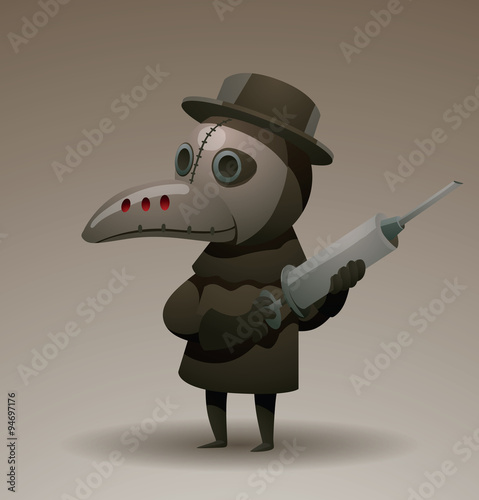 Vector plague doctor with the syringe. Cartoon image of a plague doctor in a cloak, a hat and a plague mask with the syringe in his hands on a gray background. Painted in gray and brown tones.