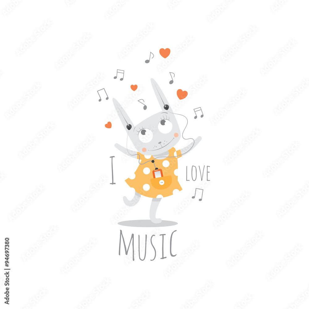 Fototapeta premium Children's postcard with cartoon little rabbit listening to music in earphones. Vector image.