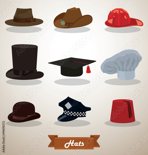 Vector Set of Hats.  Image of nine different hats: felt hat, cowboy hat, firefighter helmet, tall hat, square academic cap, chef's hat, bowler hat, police cap, fez, on a light background.