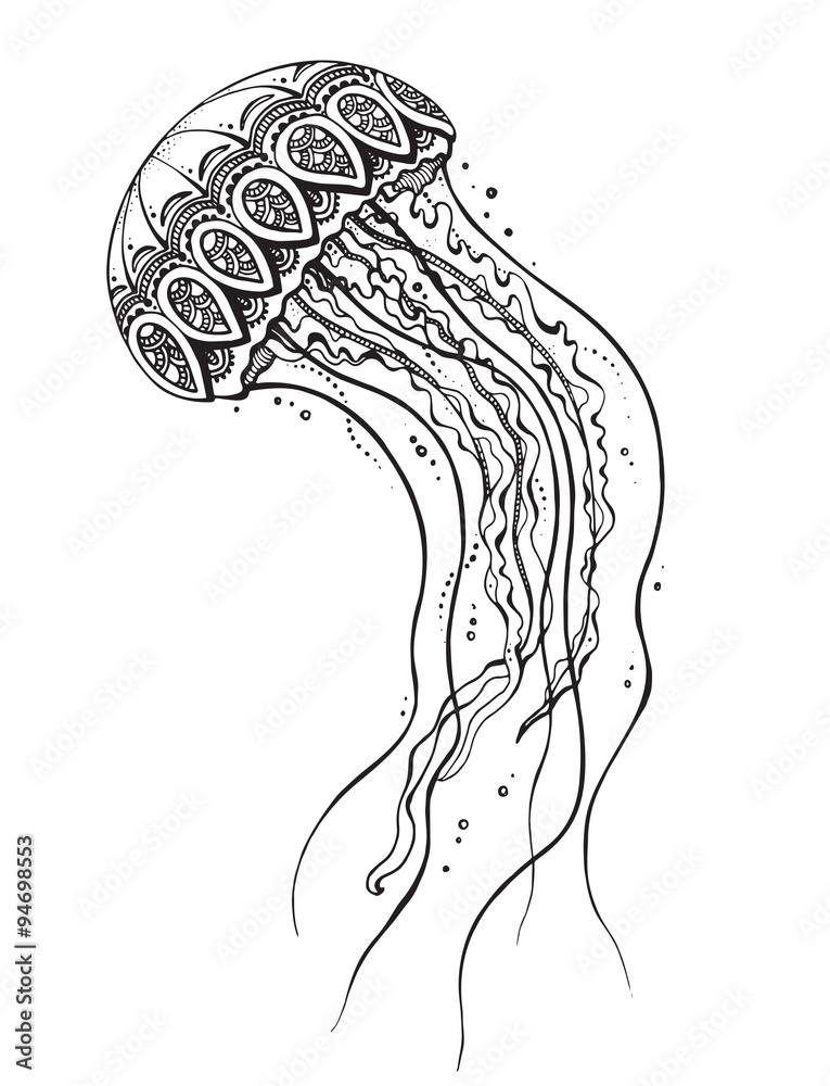 Naklejka premium Hand drawn vector jellyfish in black and white doodle style.