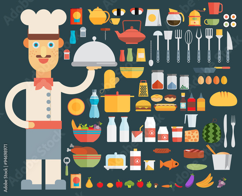 Chef Cooking Kitchen Tools set, Flat Vector illustration
