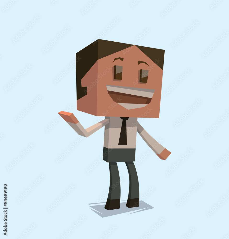 Vector Cube businessman, laughing. Cartoon image of a cube businessman in a white shirt, black trousers and a black tie, laughing on a light blue background.