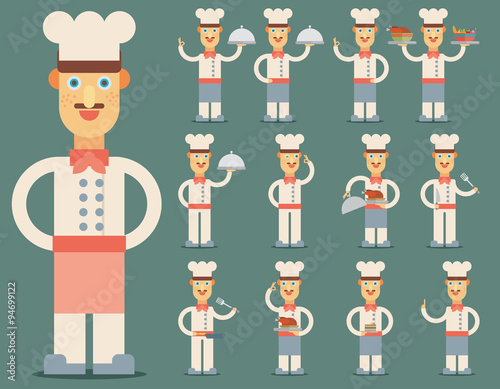Vector illustration of chef. Flat design set.