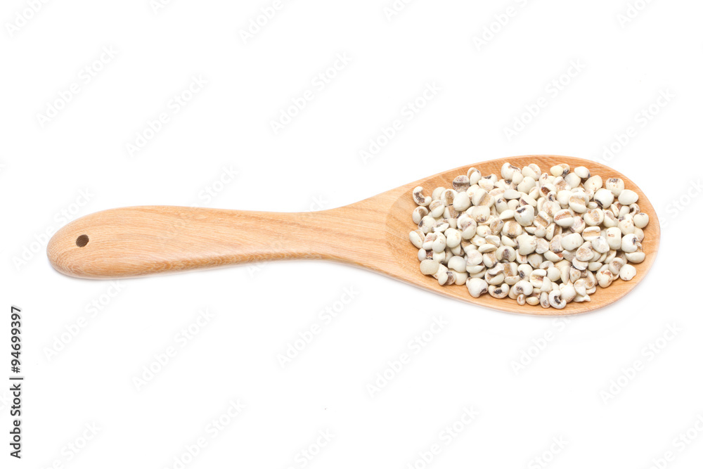 Job's tears with wooden spoon isolated on white. Job's tears with wooden spoon isolated on white.