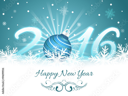 Happy New Year greeting card 2016. Glare, bauble and snowflakes, vector illustration.