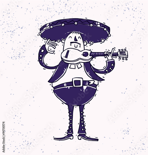 Vector Fat Mariachi with a guitar, monochrome. Cartoon image of fat mariachi in traditional Mexican suit and a sombrero with a guitar in his hands on a light background. Purple monochrome image.