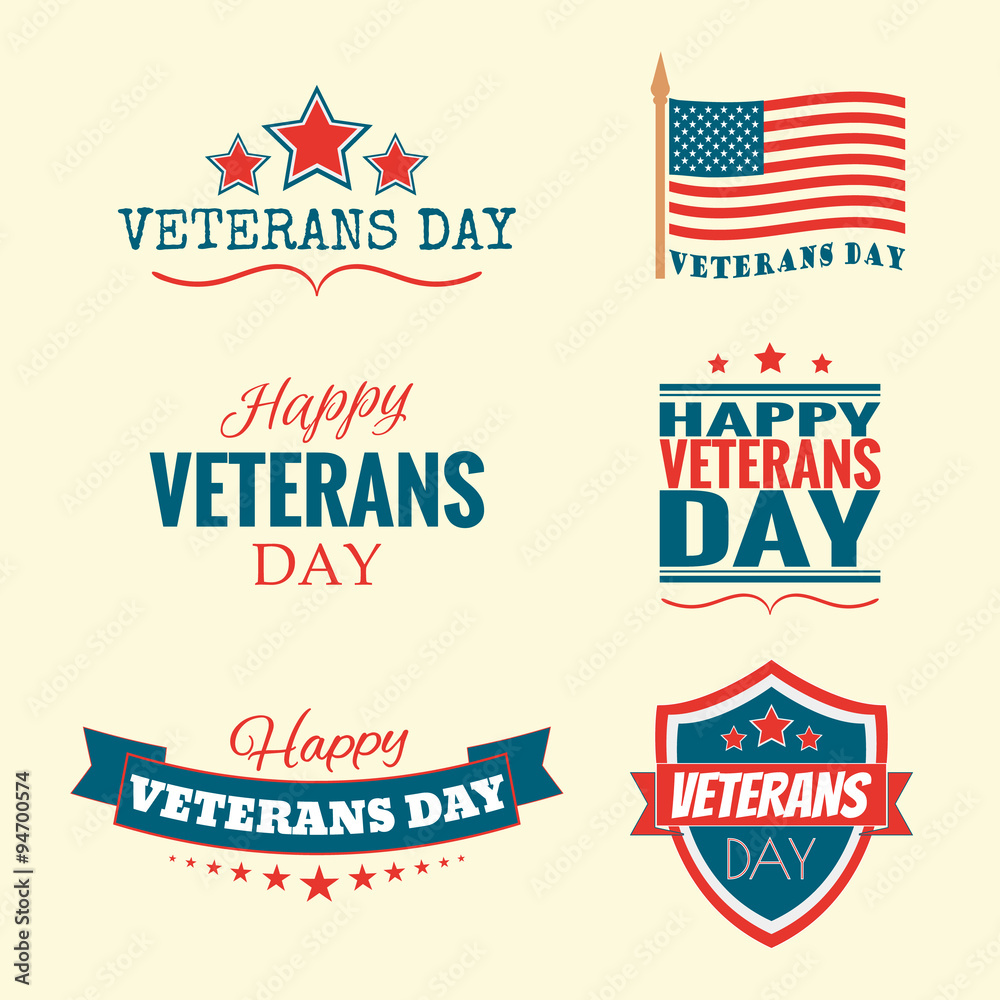 Text Happy Veterans Day set flag and stars vector illustration design banner or a stamp on white background EPS 10