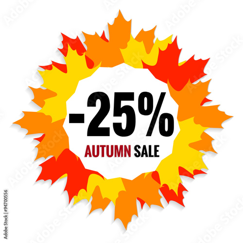 Autumn sale, falling prices -25% discount. Fall maple leaves colorful red, orange, yellow with tag. Design of labels, leaflets, banners, posters. EPS 10 Vector illustration on a white background