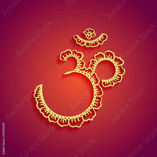 Lord Ganesha yellow and orange purple om traditional oriental aum op om symbol background with henna mandala banner on bright background with shadow in vector. Hand drawn Boho or Mehndi Henna Tattoo
