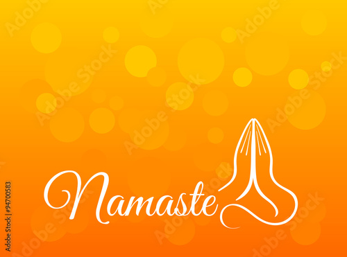 Welcome gesture of hands of Indian woman character in Namaste mudra. Beautiful lettering calligraphy elegant white text design. Calligraphy inscription India colorful balls on orange blurred