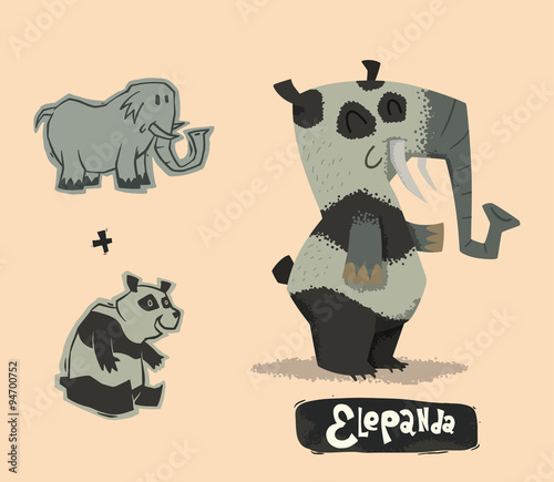 Vector Funny Mutant Hybrid, Elephant plus Panda. Cartoon image of a funny mutant hybrid of gray elephant and black-white panda on a light pink background. 