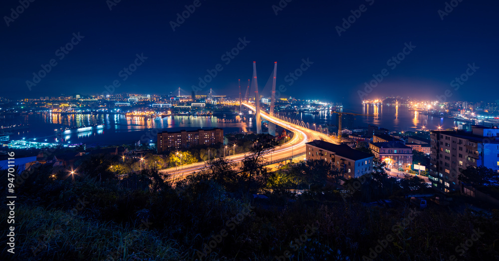Vladivostok. Night view of Golden bridge.